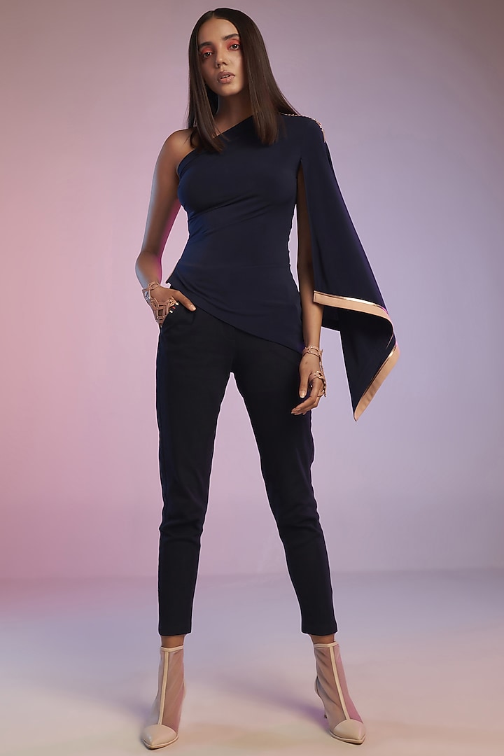 Navy Poly Jersey One-Shoulder Asymmetric Top by S&N by Shantnu Nikhil at Pernia's Pop Up Shop