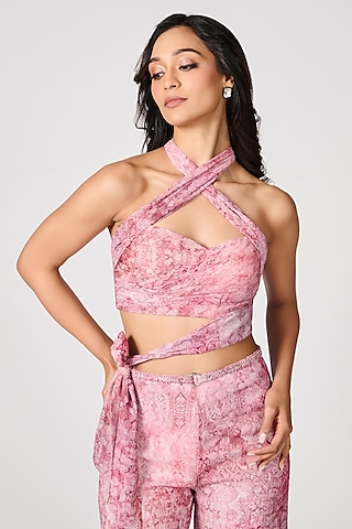 Pink Chiffon Floral Printed Draped Top by S&N by Shantnu Nikhil
