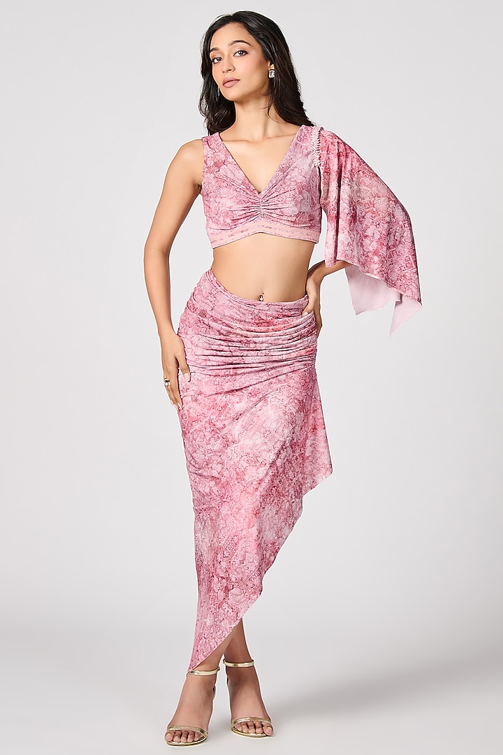 Pink Jersey Geometric Printed Gathered Skirt by S&N by Shantnu Nikhil