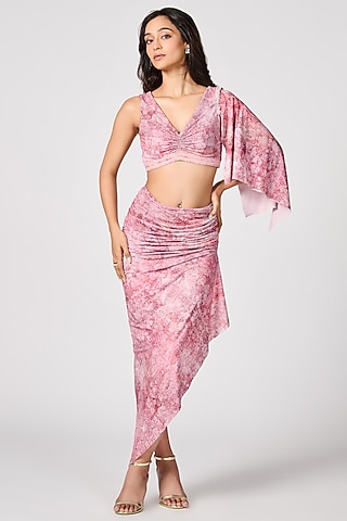 Pink Jersey Geometric Printed Gathered Skirt by S&N by Shantnu Nikhil