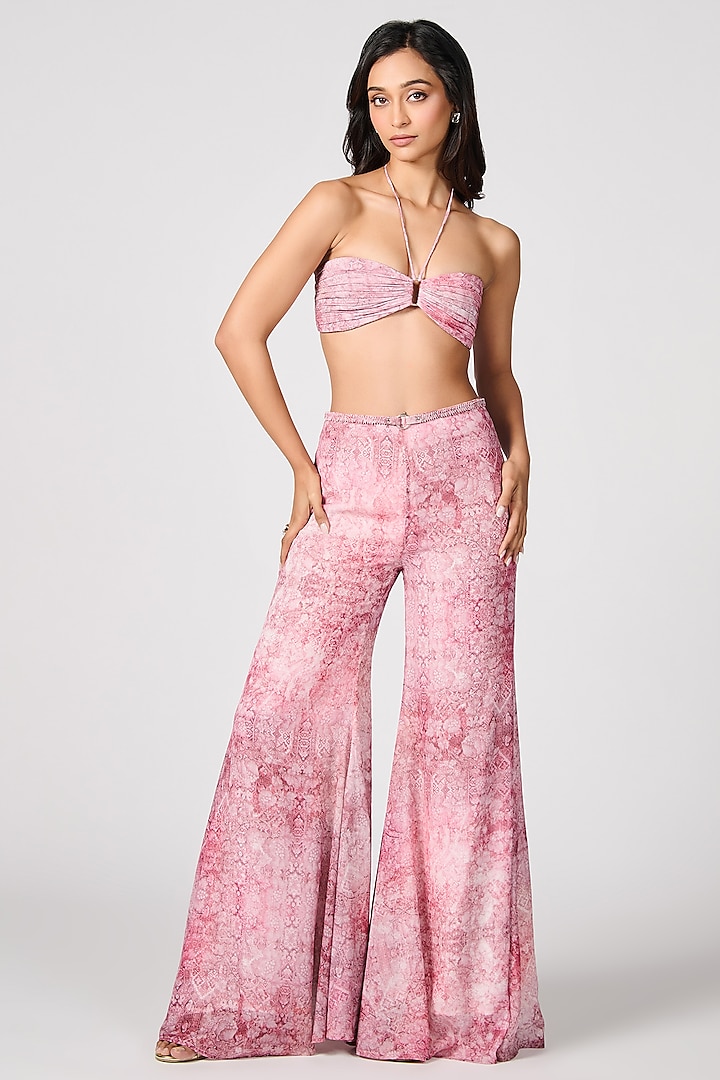 Pink Chiffon Printed Flared Trousers by S&N by Shantnu Nikhil