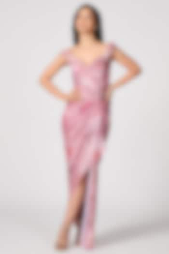 Pink Metallic Jersey Off-Shoulder Draped Gown Saree by S&N by Shantnu Nikhil