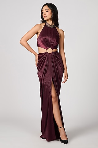 Plum Sandwash Satin Shimmer Crystal Cut-Out Gown Saree by S&N by Shantnu Nikhil