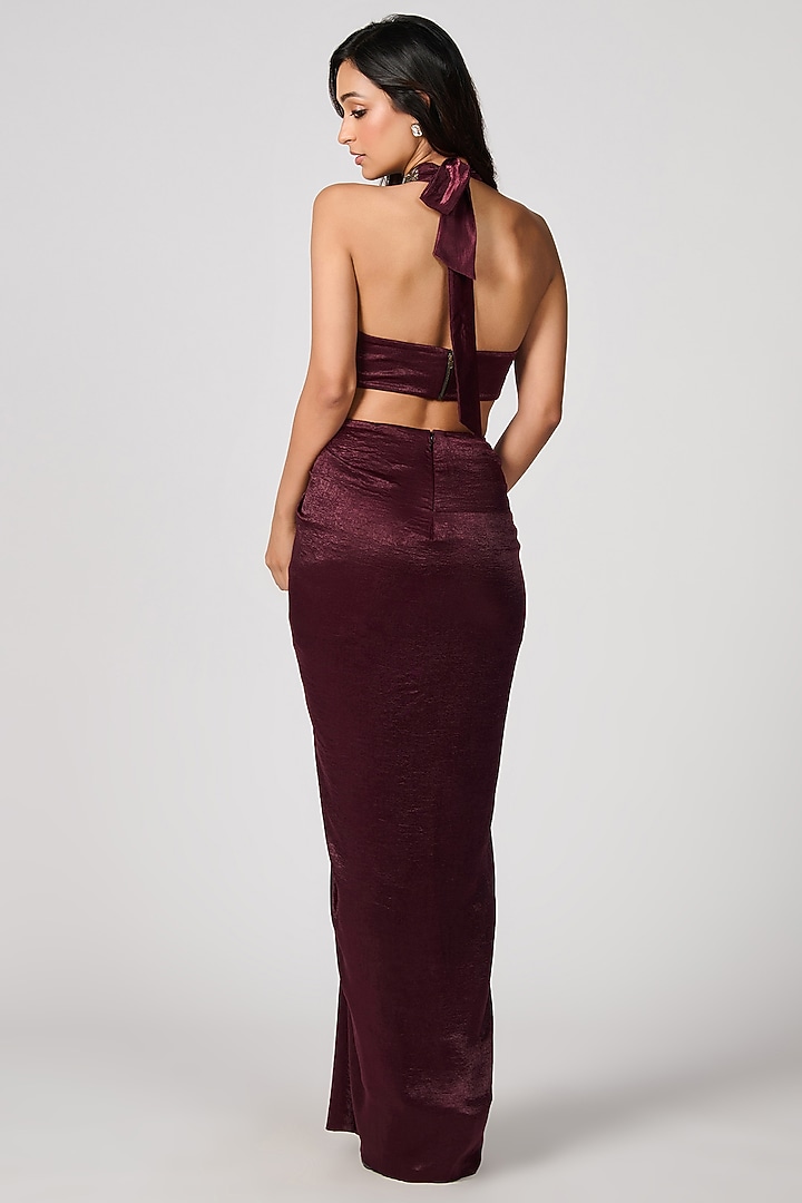Plum Sandwash Satin Shimmer Crystal Cut-Out Wedding Gown Saree by S&N by Shantnu Nikhil at Pernia's Pop Up Shop