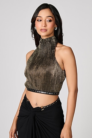 Black Gold Faux Leather Embellished Cropped Top by S&N by Shantnu Nikhil