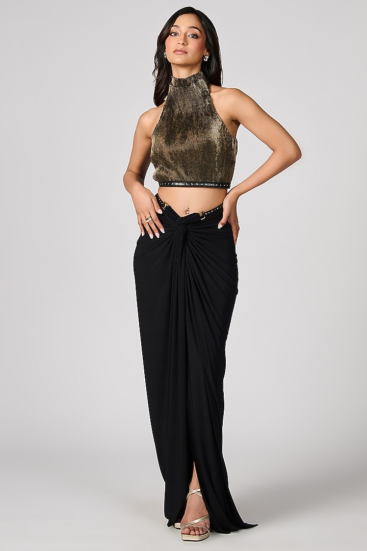 Black Gold Faux Leather Embellished Cropped Top by S&N by Shantnu Nikhil at Pernia's Pop Up Shop