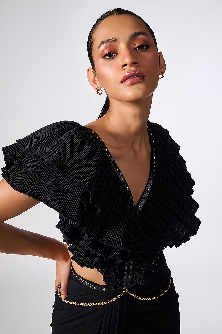 Black Poly Jersey Embellished Flounced Engagement Gown by S&N by Shantnu Nikhil at Pernia's Pop Up Shop