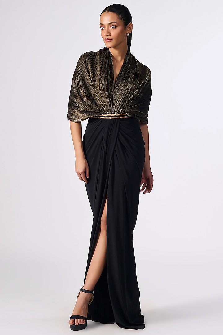 Black-Gold Sandwash Foil & Poly Jersey Cape Gown Saree by S&N by Shantnu Nikhil at Pernia's Pop Up Shop