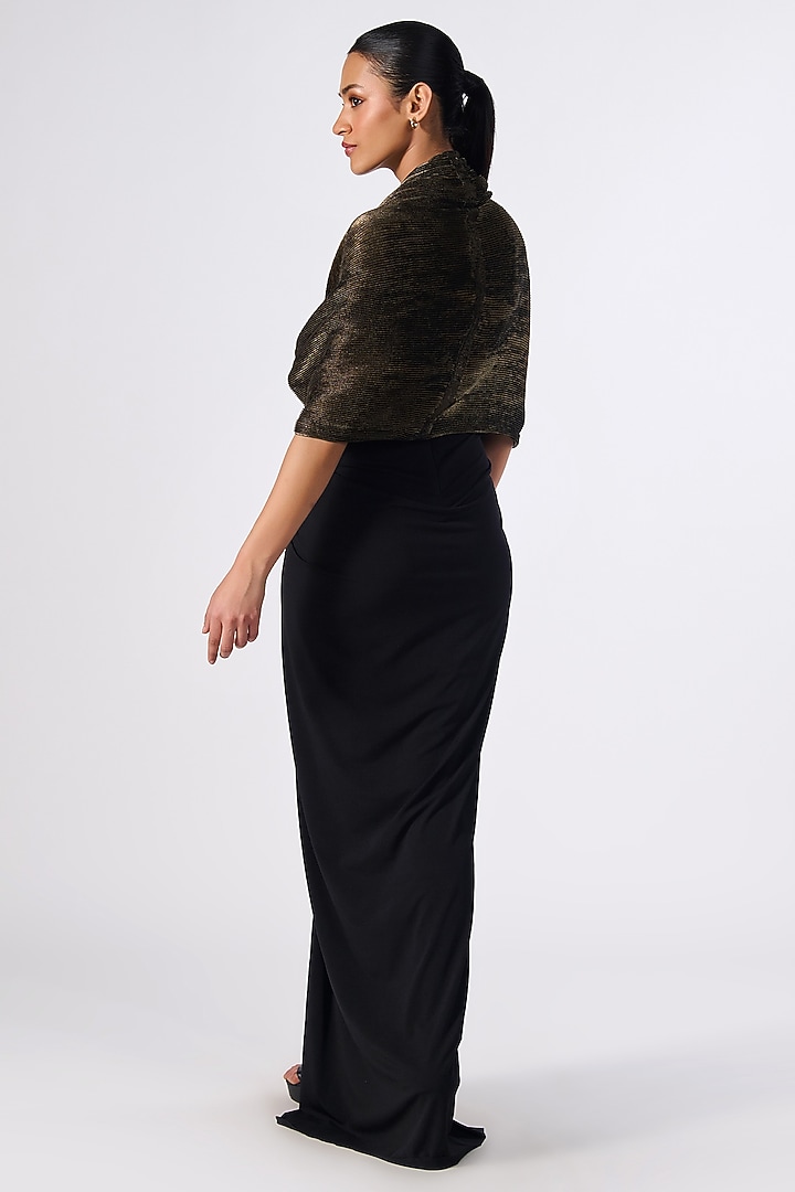 Black-Gold Sandwash Foil & Poly Jersey Cape Wedding Gown Saree by S&N by Shantnu Nikhil at Pernia's Pop Up Shop