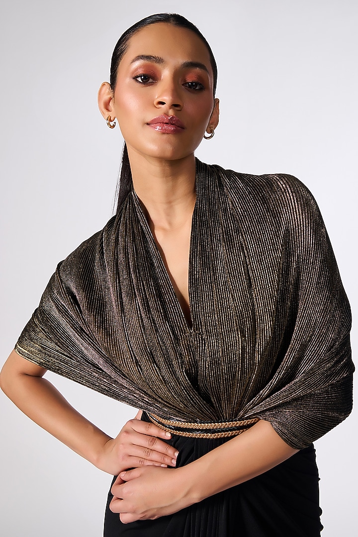 Black-Gold Sandwash Foil & Poly Jersey Cape Wedding Gown Saree by S&N by Shantnu Nikhil at Pernia's Pop Up Shop