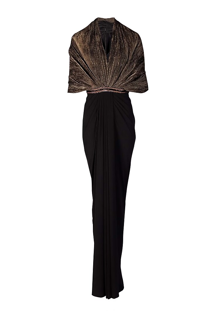 Black-Gold Sandwash Foil & Poly Jersey Cape Wedding Gown Saree by S&N by Shantnu Nikhil at Pernia's Pop Up Shop