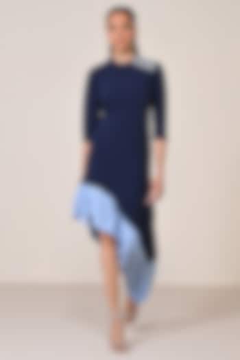Denim Blue Terylene Viscose Spandex Jersey Blend Asymmetric Vacation Dress by S&N by Shantnu Nikhil at Pernia's Pop Up Shop