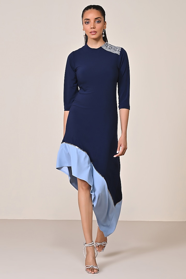 Denim Blue Terylene Viscose Spandex Jersey Blend Asymmetric Vacation Dress by S&N by Shantnu Nikhil at Pernia's Pop Up Shop