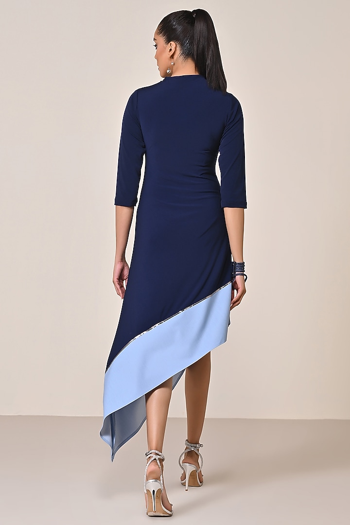 Denim Blue Terylene Viscose Spandex Jersey Blend Asymmetric Vacation Dress by S&N by Shantnu Nikhil at Pernia's Pop Up Shop