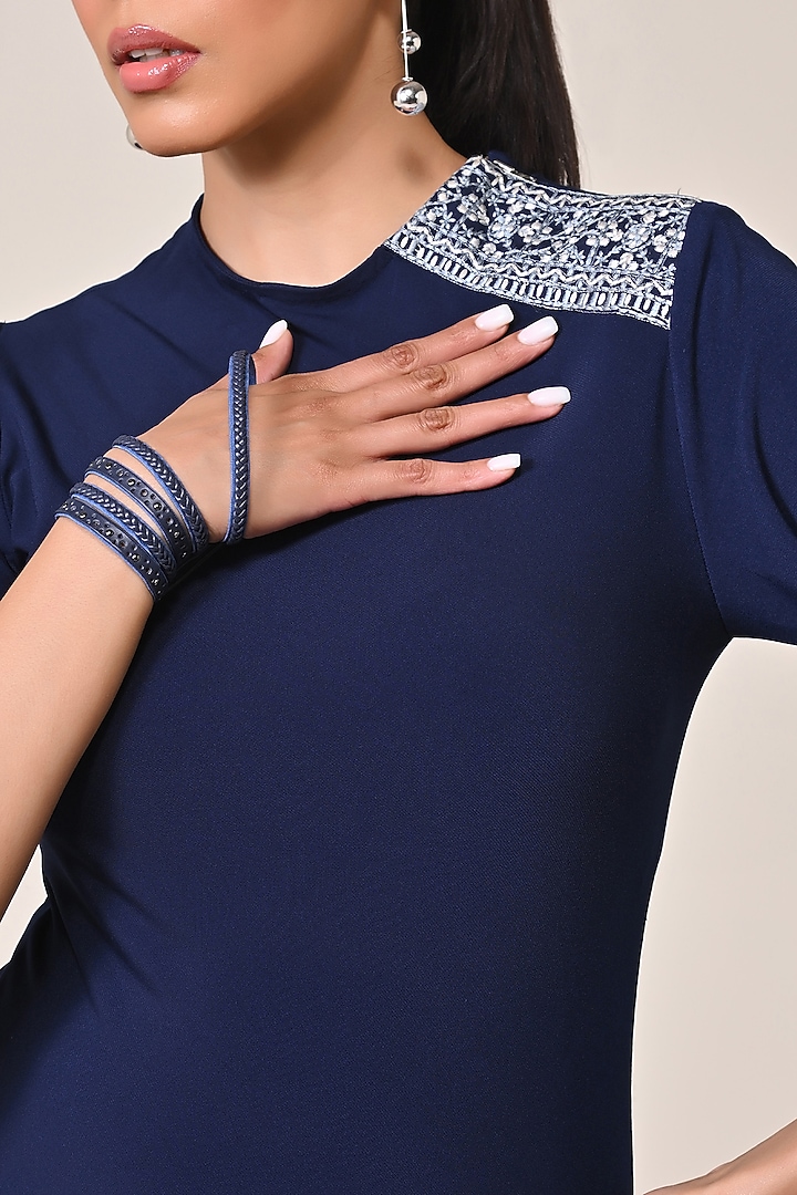 Denim Blue Terylene Viscose Spandex Jersey Blend Asymmetric Vacation Dress by S&N by Shantnu Nikhil at Pernia's Pop Up Shop