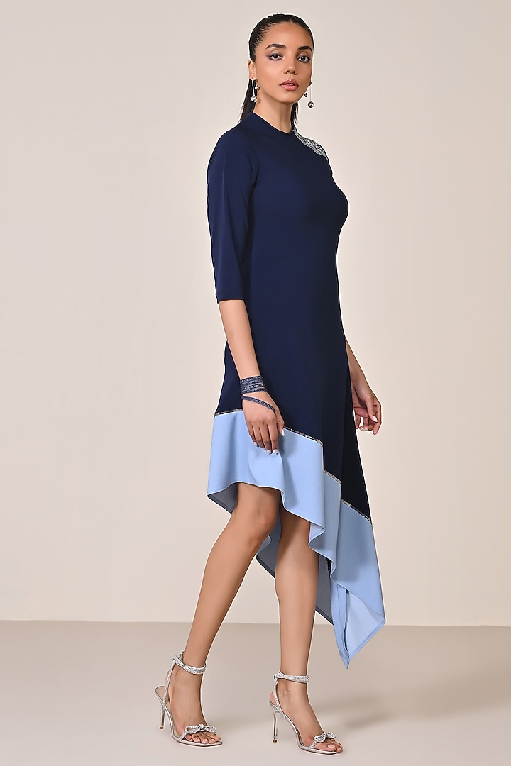Denim Blue Terylene Viscose Spandex Jersey Blend Asymmetric Vacation Dress by S&N by Shantnu Nikhil at Pernia's Pop Up Shop