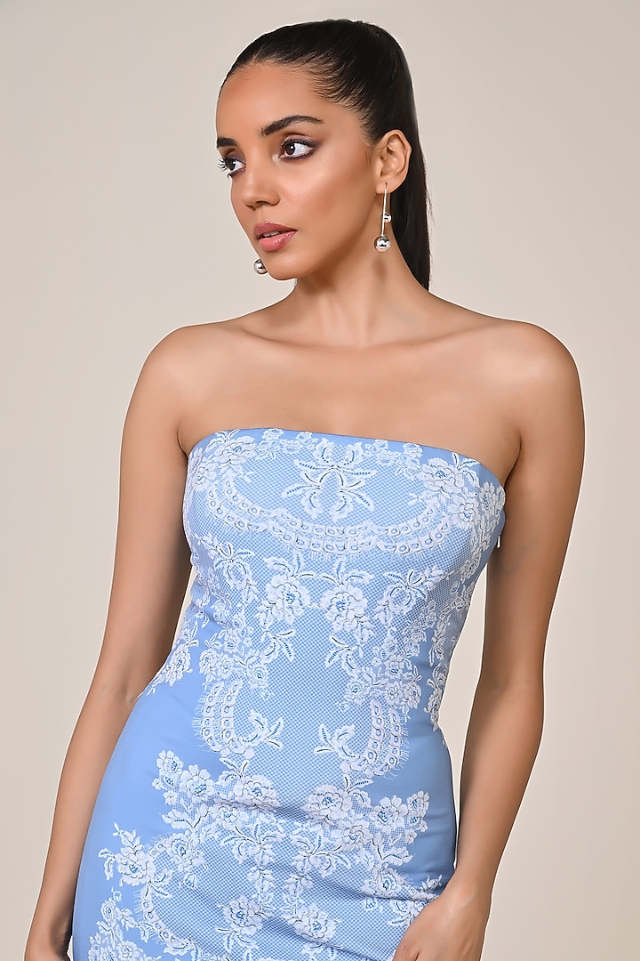 Light Blue Jersey & Spandex Printed Slim-Fit Cocktail Dress by S&N by Shantnu Nikhil at Pernia's Pop Up Shop