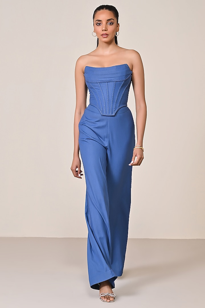Denim Blue Terylene Viscose Spandex Blend Corset by S&N by Shantnu Nikhil at Pernia's Pop Up Shop