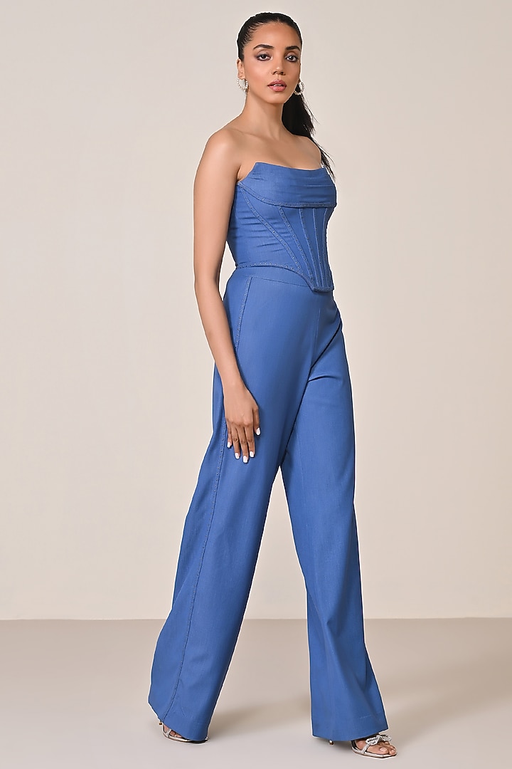 Denim Blue Terylene Viscose Spandex Blend Corset by S&N by Shantnu Nikhil at Pernia's Pop Up Shop