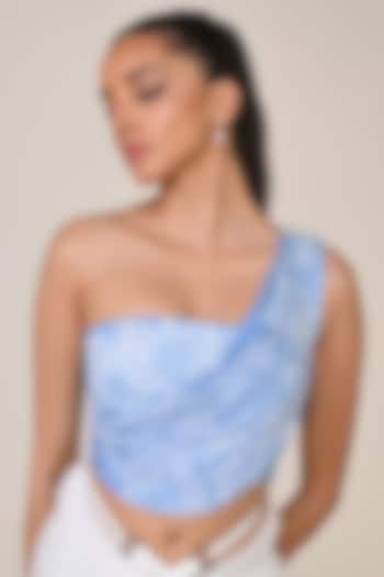 Light Blue Jersey & Spandex Floral Printed One-Shoulder Corset Top by S&N by Shantnu Nikhil at Pernia's Pop Up Shop