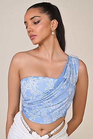 Light Blue Jersey & Spandex Floral Printed One-Shoulder Corset Top by S&N by Shantnu Nikhil