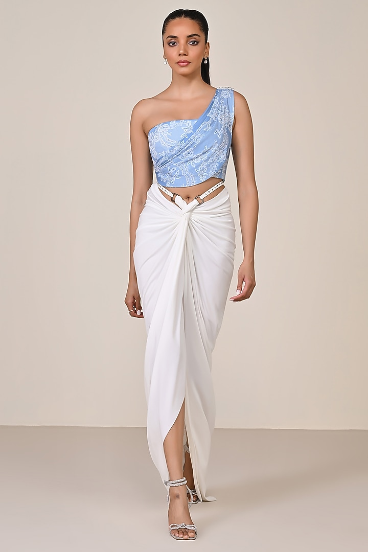 Light Blue Jersey & Spandex Floral Printed One-Shoulder Corset Top by S&N by Shantnu Nikhil at Pernia's Pop Up Shop