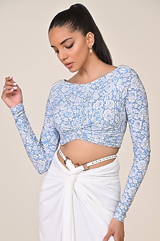 Light Blue Jersey & Spandex Patchwork Draped Top by S&N by Shantnu Nikhil