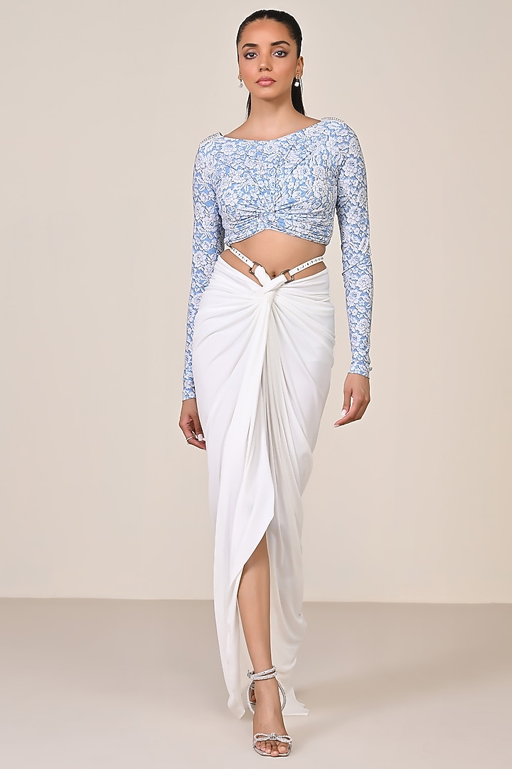 Light Blue Jersey & Spandex Patchwork Draped Top by S&N by Shantnu Nikhil at Pernia's Pop Up Shop