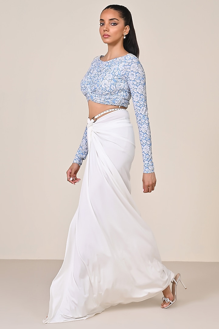 Light Blue Jersey & Spandex Patchwork Draped Top by S&N by Shantnu Nikhil at Pernia's Pop Up Shop