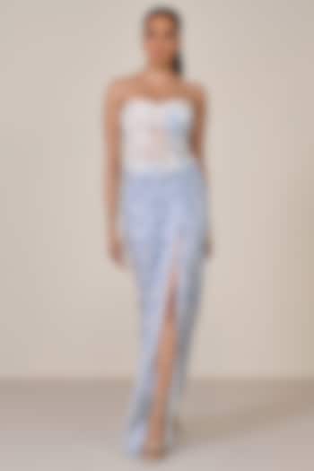 Light Blue Jersey Spandex Blend Body Lace & Mesh Applique Embroidered Corset Engagement Gown by S&N by Shantnu Nikhil at Pernia's Pop Up Shop