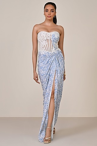 Light Blue Jersey Spandex Blend Body Lace & Mesh Applique Embroidered Corset Gown by S&N by Shantnu Nikhil