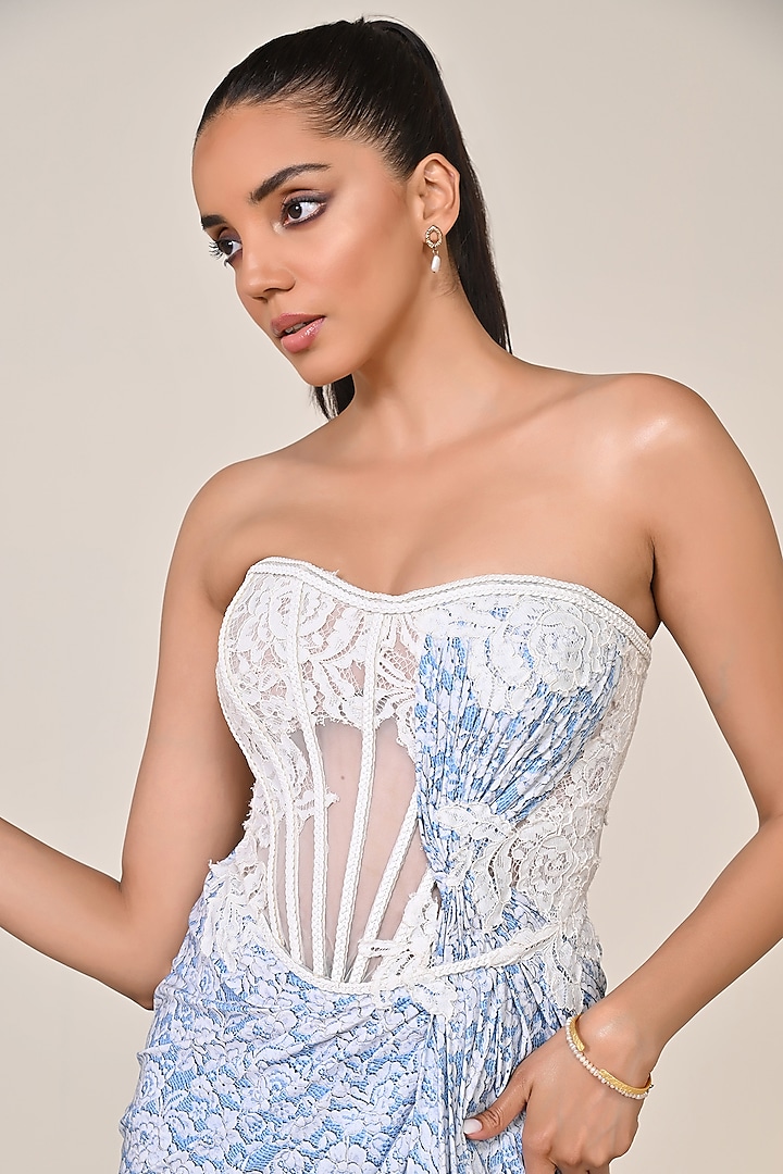Light Blue Jersey Spandex Blend Body Lace & Mesh Applique Embroidered Corset Engagement Gown by S&N by Shantnu Nikhil at Pernia's Pop Up Shop