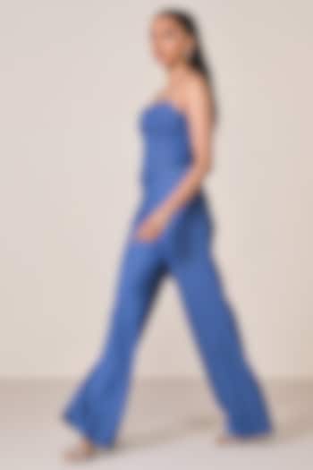 Dark Denim Terylene Viscose Spandex Blend Flared Trousers by S&N by Shantnu Nikhil at Pernia's Pop Up Shop