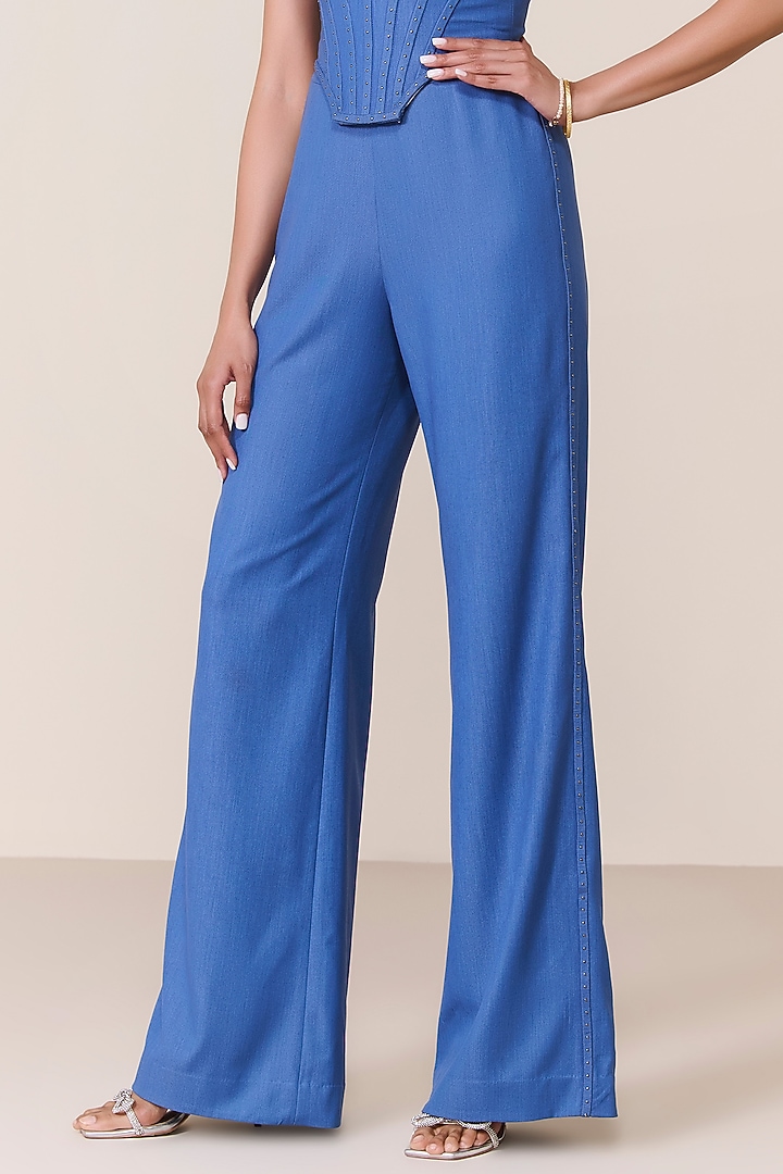 Dark Denim Terylene Viscose Spandex Blend Flared Trousers by S&N by Shantnu Nikhil at Pernia's Pop Up Shop