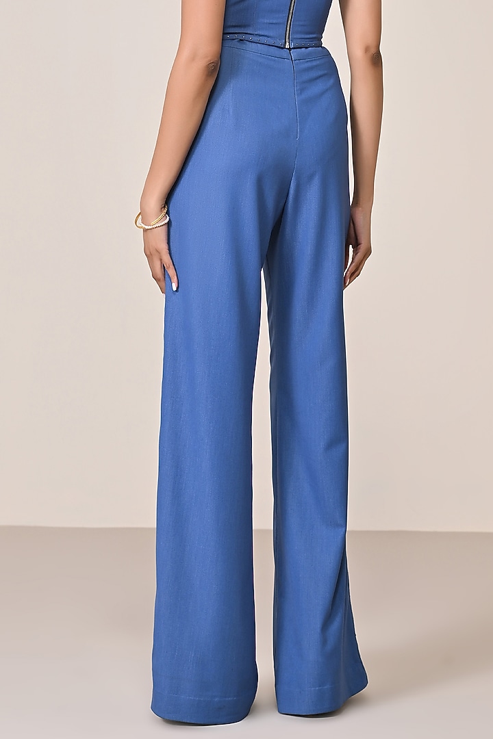 Dark Denim Terylene Viscose Spandex Blend Flared Trousers by S&N by Shantnu Nikhil at Pernia's Pop Up Shop