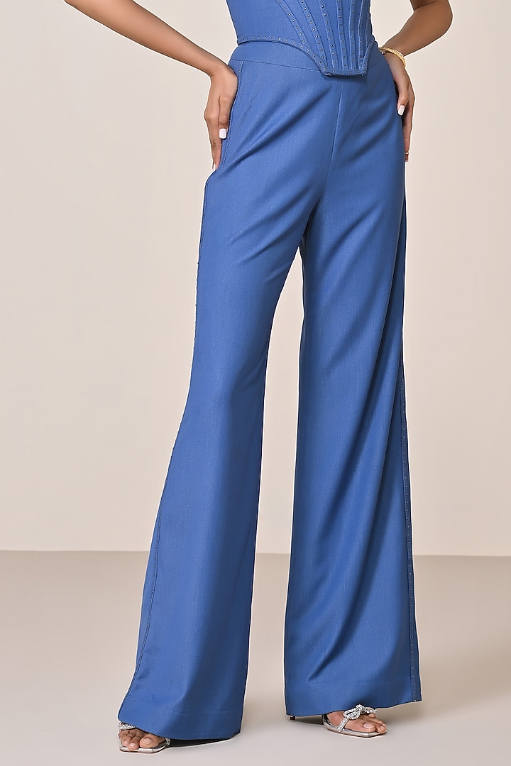 Dark Denim Terylene Viscose Spandex Blend Flared Trousers by S&N by Shantnu Nikhil at Pernia's Pop Up Shop