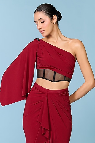 Cherry Red Poly Jersey One-Shoulder Top by S&N by Shantnu Nikhil