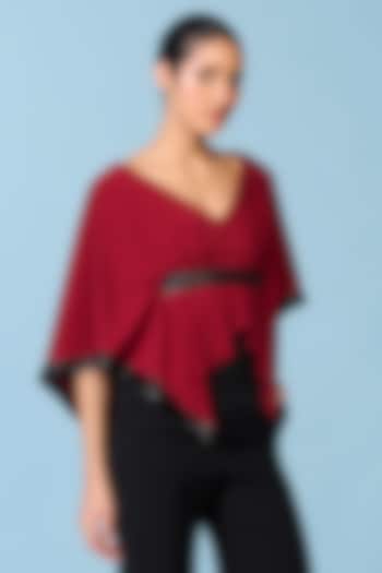 Cherry Red Poly Jersey Asymmetric Cape Top by S&N by Shantnu Nikhil at Pernia's Pop Up Shop