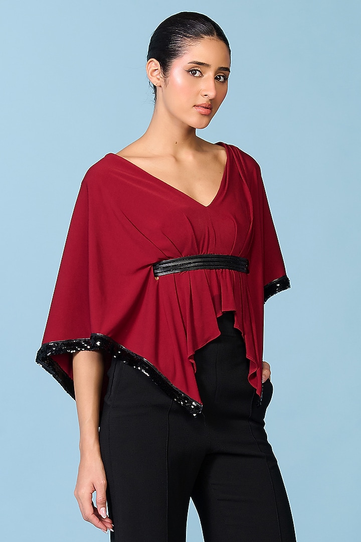 Cherry Red Poly Jersey Asymmetric Cape Top by S&N by Shantnu Nikhil at Pernia's Pop Up Shop