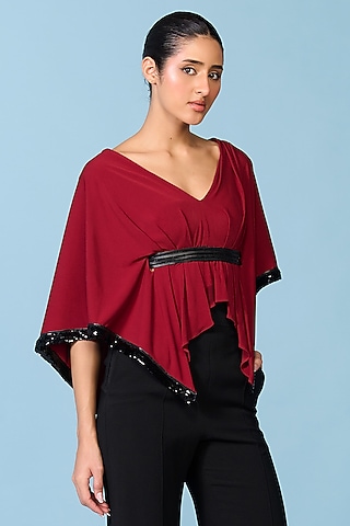 Cherry Red Poly Jersey Asymmetric Cape Top by S&N by Shantnu Nikhil