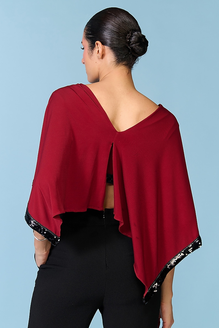 Cherry Red Poly Jersey Asymmetric Cape Top by S&N by Shantnu Nikhil at Pernia's Pop Up Shop