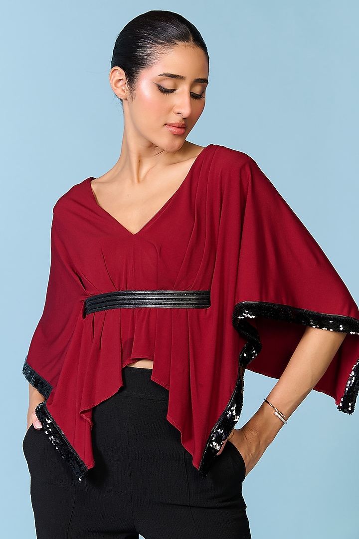 Cherry Red Poly Jersey Asymmetric Cape Top by S&N by Shantnu Nikhil at Pernia's Pop Up Shop