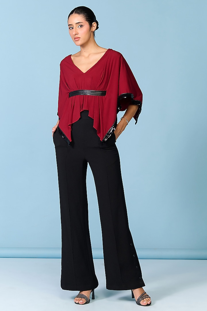 Cherry Red Poly Jersey Asymmetric Cape Top by S&N by Shantnu Nikhil at Pernia's Pop Up Shop