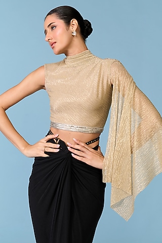Golden Gold Lurex One-Shoulder Drape Top by S&N by Shantnu Nikhil