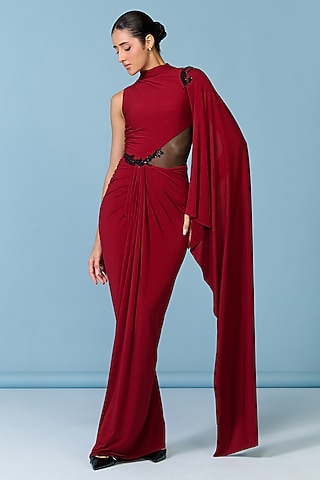 Cherry Red Poly Jersey Sculpted Gown by S&N by Shantnu Nikhil