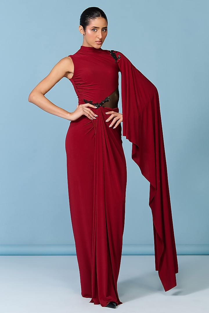 Cherry Red Poly Jersey Sculpted Engagement Gown by S&N by Shantnu Nikhil at Pernia's Pop Up Shop