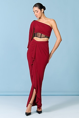 Cherry Red Poly Jersey Draped Skirt by S&N by Shantnu Nikhil