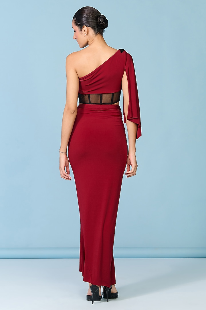 Cherry Red Poly Jersey Draped Skirt by S&N by Shantnu Nikhil at Pernia's Pop Up Shop