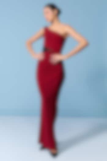Cherry Red Poly Jersey One-Shoulder Drape Cocktail Dress by S&N by Shantnu Nikhil at Pernia's Pop Up Shop