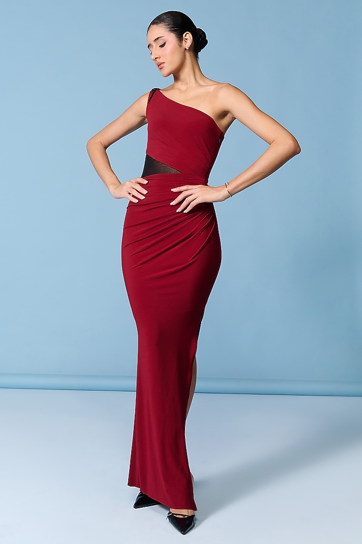 Cherry Red Poly Jersey One-Shoulder Drape Cocktail Dress by S&N by Shantnu Nikhil at Pernia's Pop Up Shop